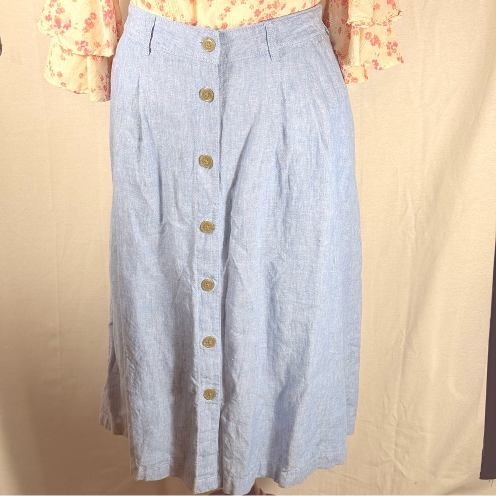 Lands Ends Womens Midi Chambray Linen Button‎ Down Back Elastic Waist Skirt 18W.
